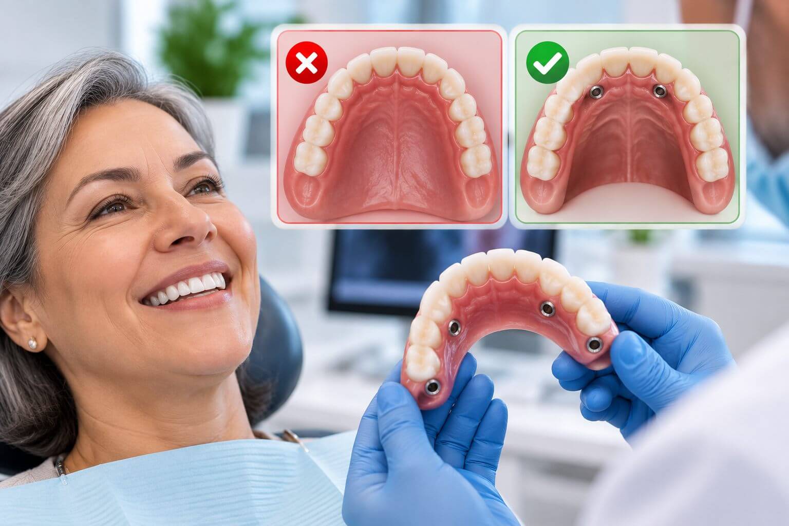 Dentista apresenta a prótese protocolo superior que não cobre o céu da boca para paciente sorrindo na Clínica Myai em Aricanduva.